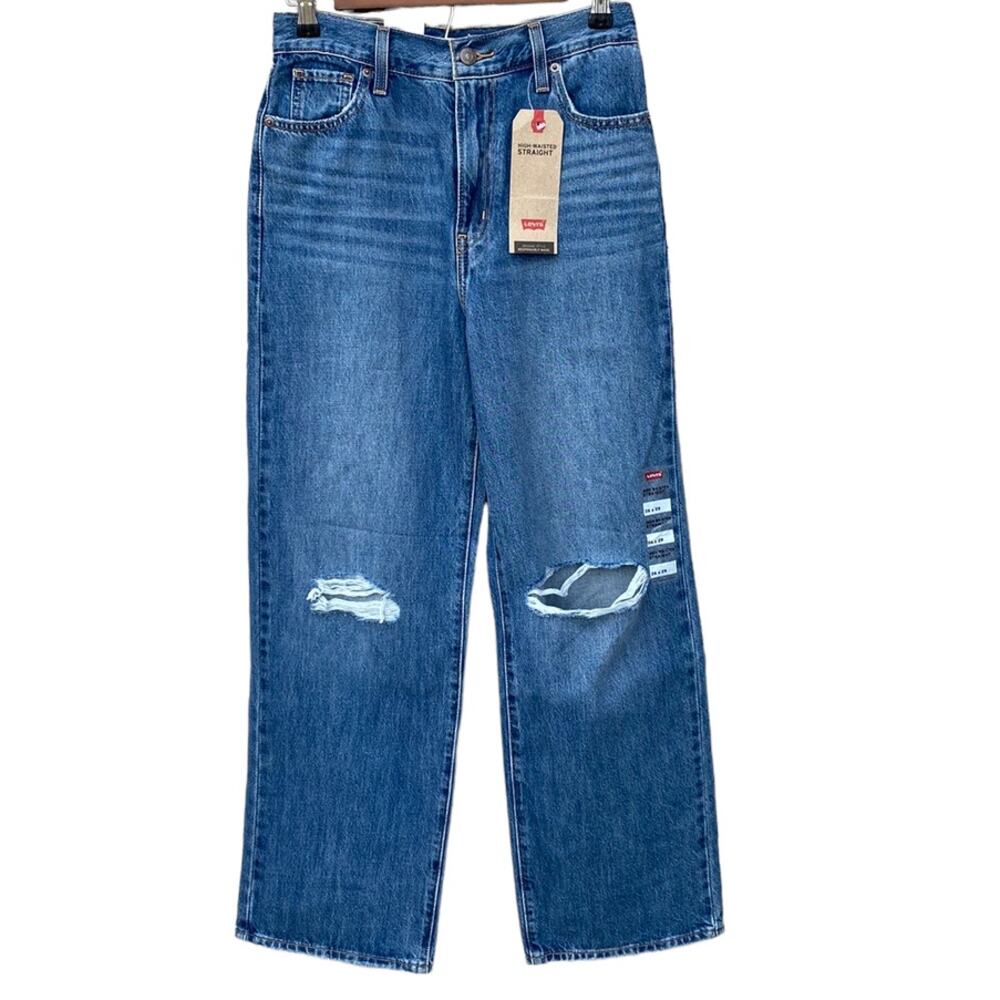 NWT Levi's High Waisted Straight Jeans 26 Distressed Ripped Blue Denim 26x29